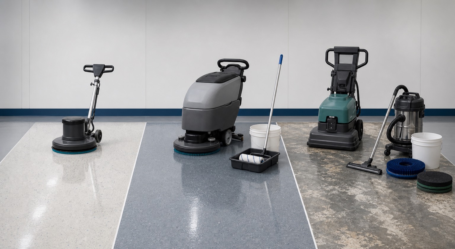 Three levels of resilient-floor maintenance equipment arranged from burnishing to recoating to full stripping