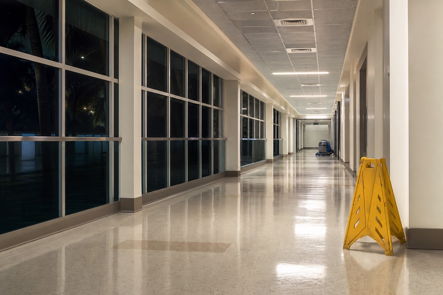 Empty lit commercial corridor at night with controlled access to a finished floor